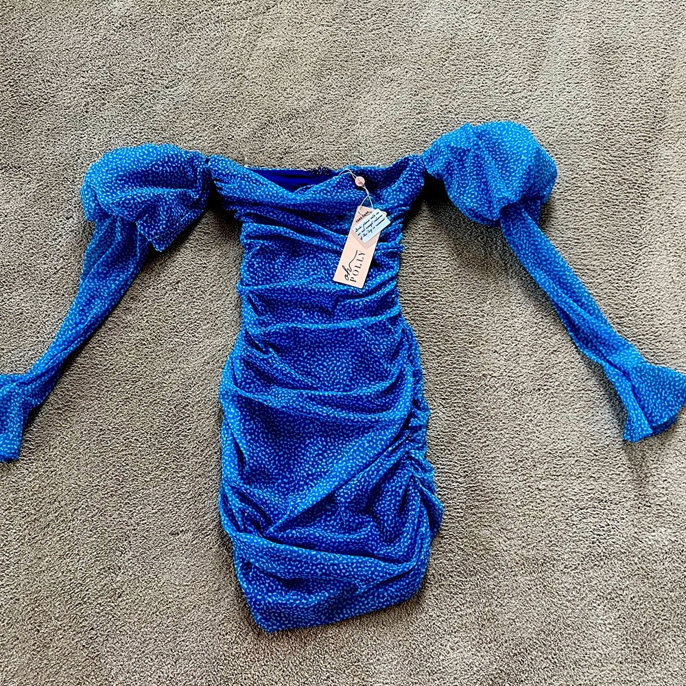 Brand New Blue dot long sleeve tight dress